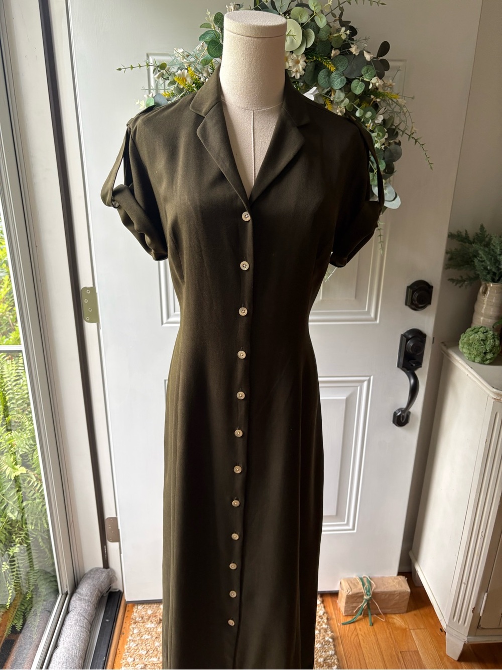 Ralph Lauren Y2K 100% Silk Olive Button-Front Maxi Dress